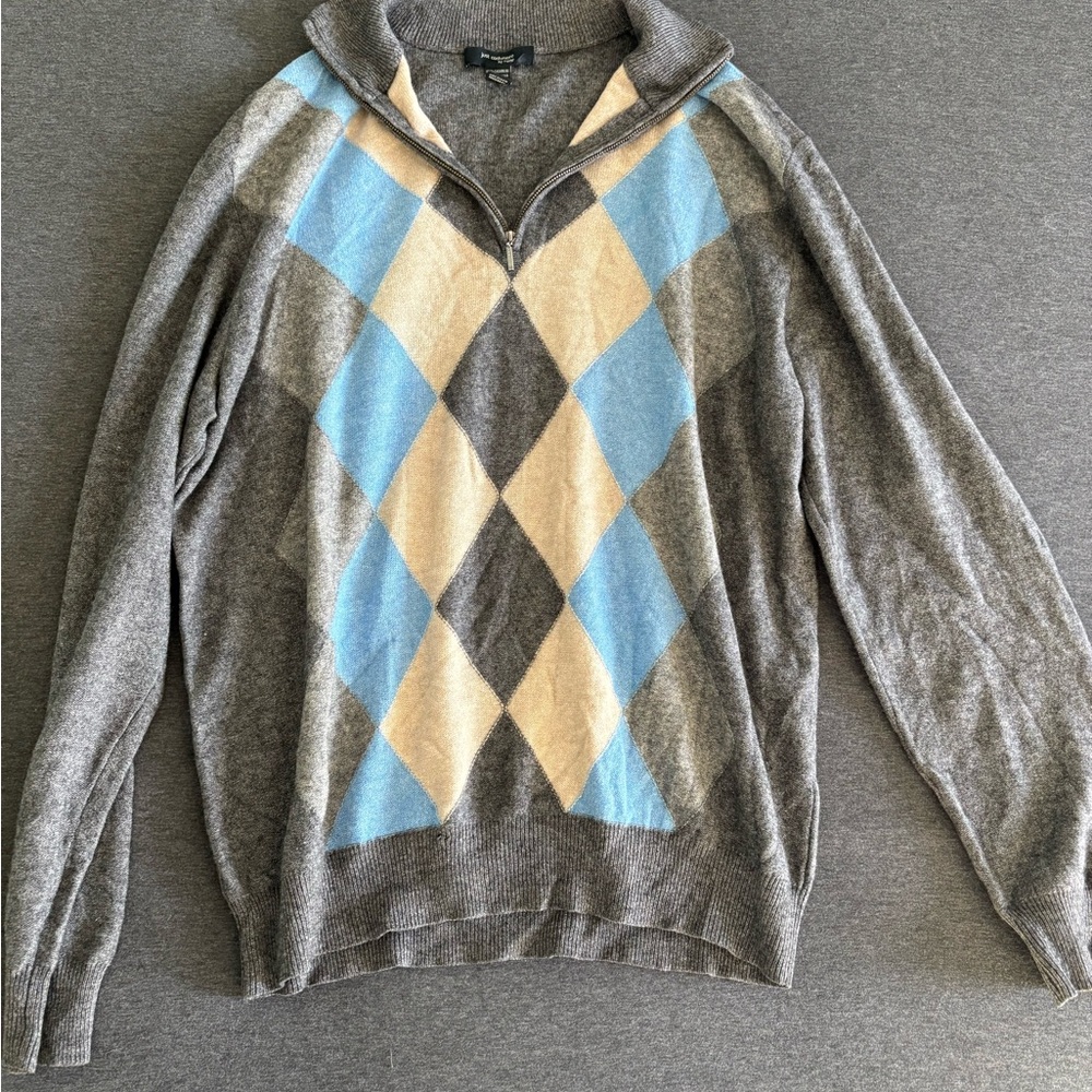 Just Cashmere Forte Quarter Zip Grandpa Sweater with Blue and Cream Argyle
